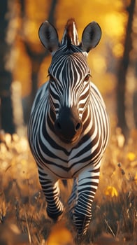 Zebra walking through sunlit grass in a forest during autumn, showcasing striking patterns and vibrant colors photo