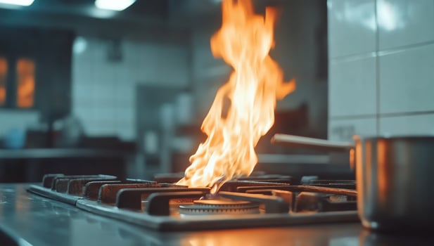 A flame rising from a gas stove in a kitchen setting. photo