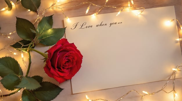 Romantic letter with a rose and fairy lights on a wooden table creating a warm, intimate atmosphere for love. photo
