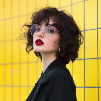 A woman with glasses and red lipstick against a yellow wall photo