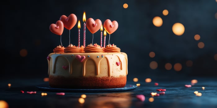 Delicious heart-themed cake with candles celebrating a special occasion at night photo