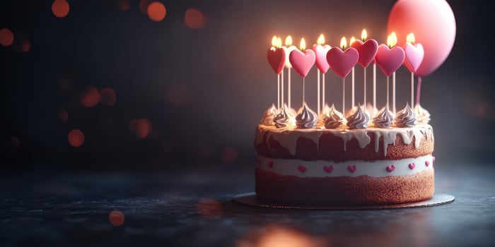 Delicious birthday cake adorned with heart-shaped candles and festive decorations in a celebratory atmosphere photo