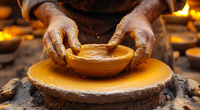 Crafting a pot on the spinning wheel. Hands shape a clay bowl on a pottery wheel in an artisan workshop filled with warm light. photo