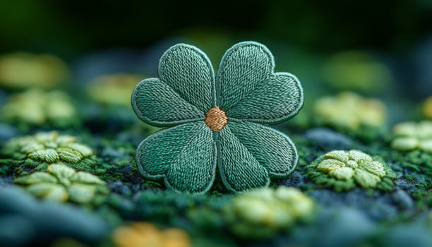 Green flower hand-stitched art. Intricate green flower embroidery stands out among smaller floral designs on a textured fabric background. photo