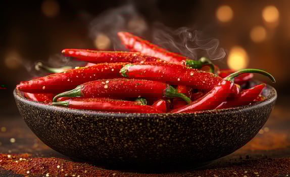Fresh red chili peppers in a rustic bowl. Bright red chili peppers are arranged in a textured bowl, with steam gently rising, creating an inviting atmosphere. photo