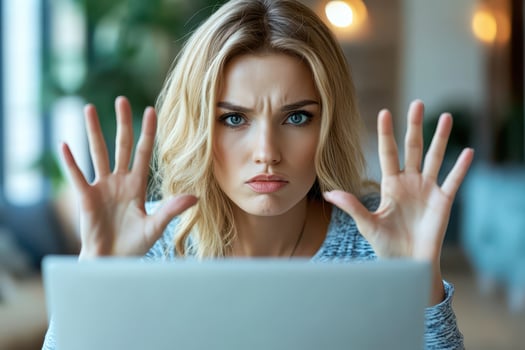 A woman is looking at her laptop with her hands up photo