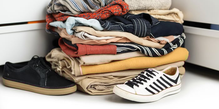 Pile of neatly folded summer clothes with shoes on light gray background photo