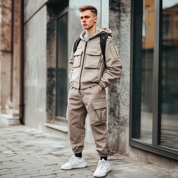 Young man in a grey jacket and cargo pants standing on the street photo