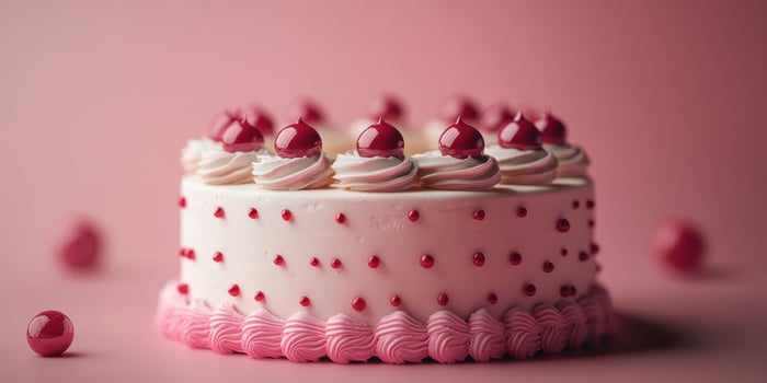 Delicious pink cream cake decorated with cherries and edible beads on a soft pink background photo