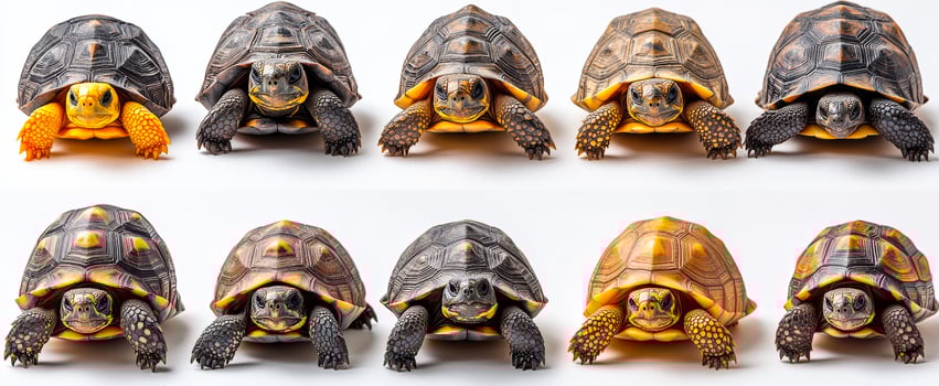 Unique patterned tortoises. Tortoises line up, displaying their unique shell patterns and colors against a simple background. photo