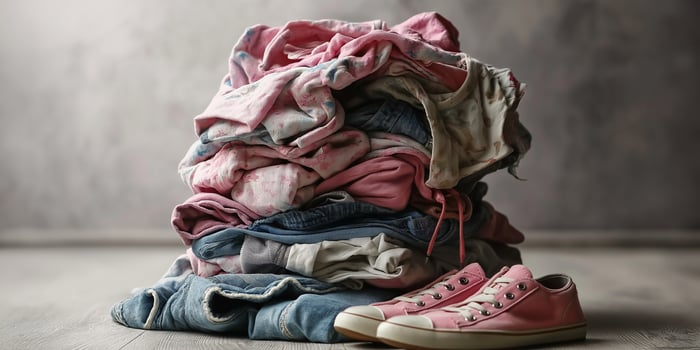 Brightly colored summer clothes neatly piled with shoes on light gray background photo