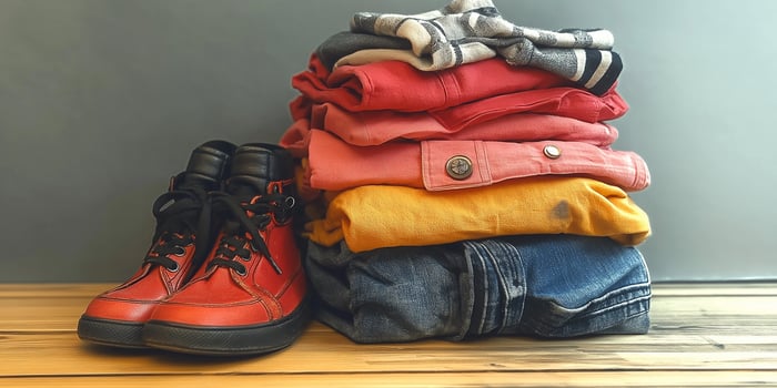 Summer clothes neatly folded and organized with shoes displayed against a light gray backdrop photo