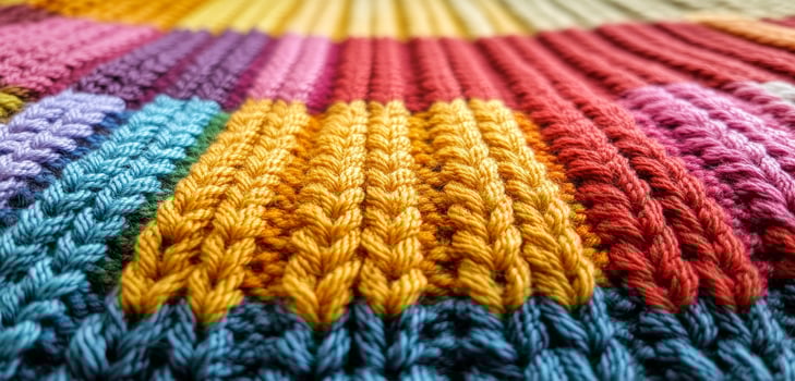 Vibrant knit pattern shines. Brightly colored knitted fabric displays a variety of textures and patterns, creating a cozy and artistic appearance. photo