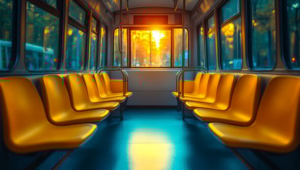 Empty bus interior illuminated by sunset. Sunlight pours through the windows of an empty bus, casting warm hues on yellow seats during the evening. photo