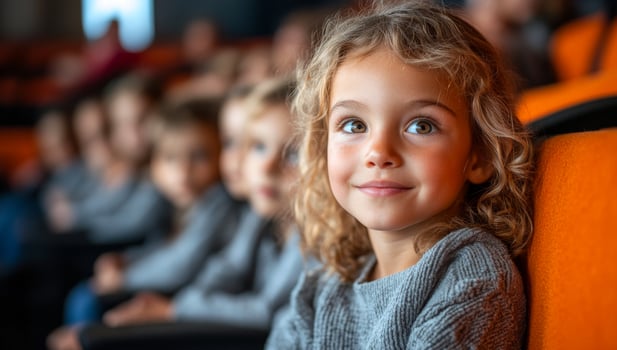 Kids enjoying a theater show. A young girl with curly hair smiles while seated in a theater, watching a performance with other attentive children. photo