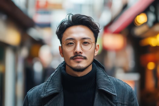 A man with glasses and a black sweater is standing in a city street photo