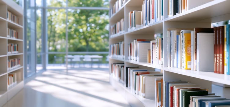 A modern library interior with bookshelves and natural light. photo