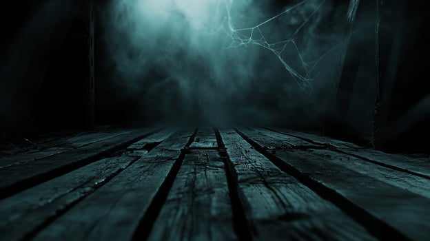 A dark, eerie space with wooden floorboards and foggy atmosphere. photo