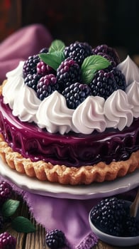 Blackberry tart with whipped cream and fresh berries on a wooden table with purple cloth photo