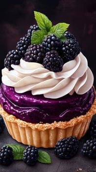 Delicious blackberry tart with whipped cream topped with fresh berries and mint leaves presented on a dark background photo
