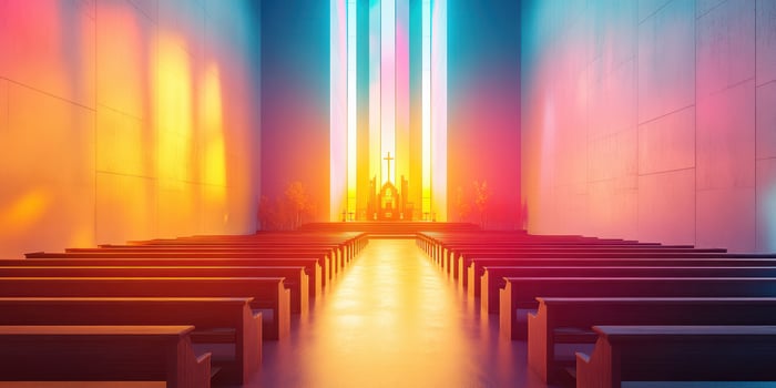 Colorful light pours into a serene chapel creating a tranquil atmosphere for reflection and worship at sunset photo
