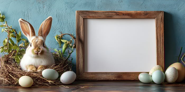 Decorative easter display with rabbit, colorful eggs, and empty wooden frame on blue background photo