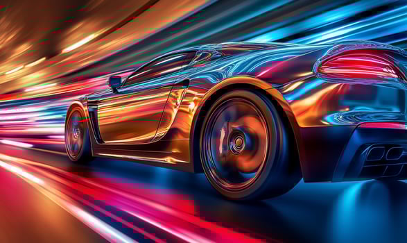 A sleek car in motion with vibrant light trails creating a dynamic effect. photo