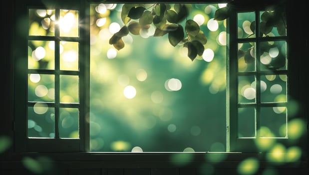 Sunlight filters through an open window showcasing lush green foliage and shimmering bokeh in a tranquil setting photo