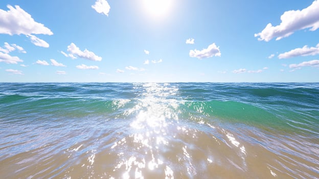 A serene ocean view under a bright sun and scattered clouds. photo