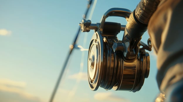 Close-up of fishing reel in golden sunlight on a clear day photo