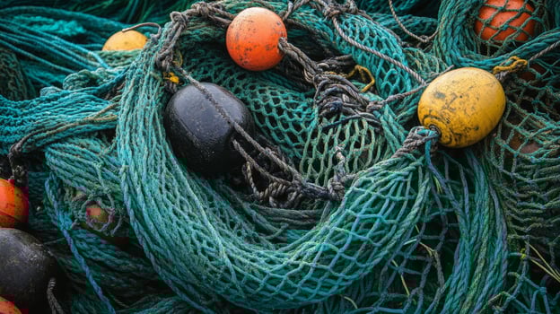 Colorful fishing nets with buoys in a nautical arrangement photo