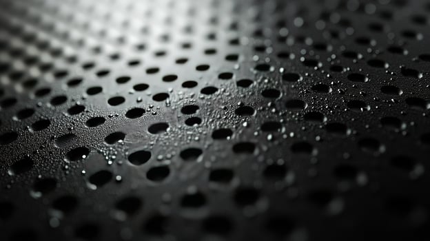 Water droplets on perforated black metal surface photo