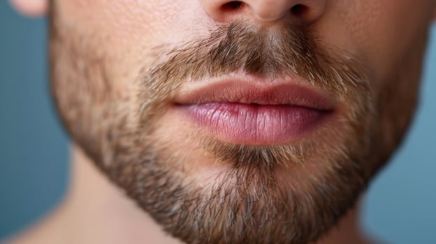A male client receives specialized cosmetology care, showcasing a well-groomed beard and lips, emphasizing the importance of beauty treatments and personal care. photo