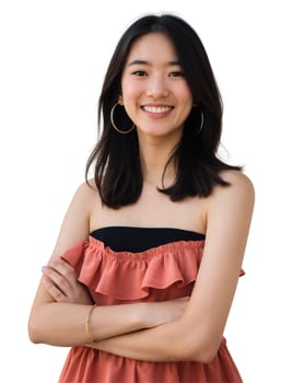 A young asian woman in a pink top and black earrings photo