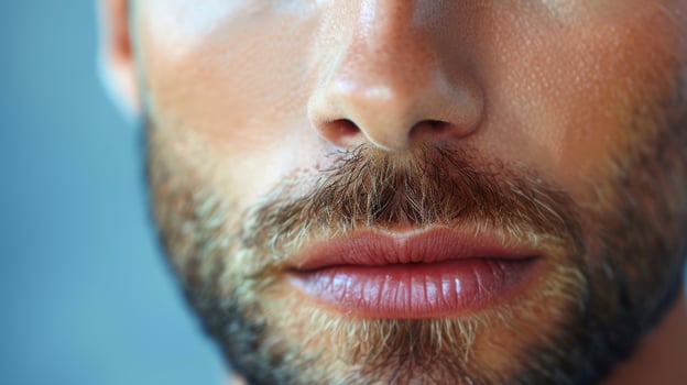 A male model showcases cosmetology treatment techniques, highlighting facial care for the beard and lips. The focus is on enhancing natural features through beauty treatments. photo