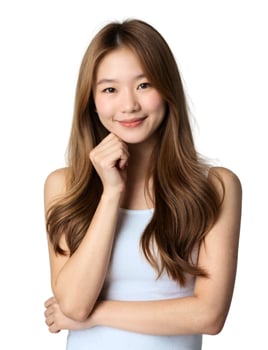 Asian woman smiling with hand on chin photo