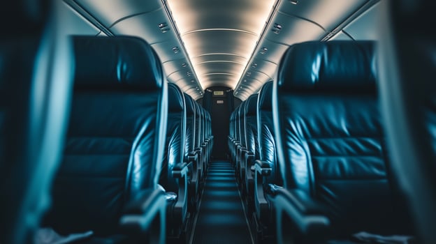 Empty plane seats. Economy class of an airplane. Travel concept photo
