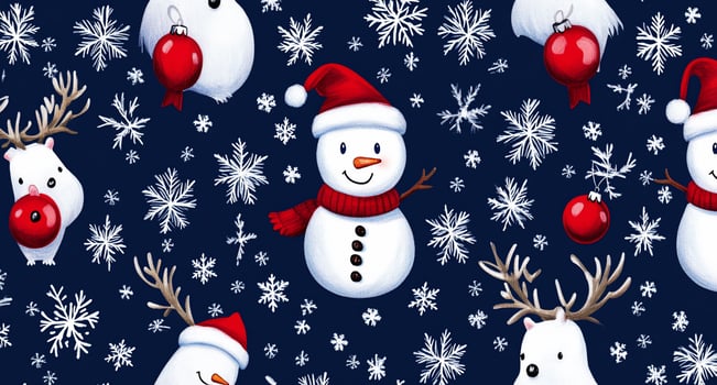 A festive pattern featuring snowmen, reindeer, polar bears, and snowflakes. photo