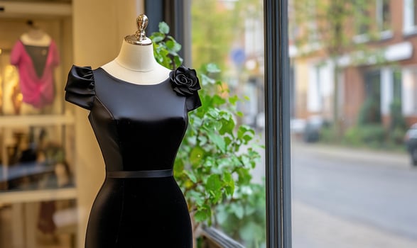 Elegant black dress displayed in a boutique window with greenery. photo
