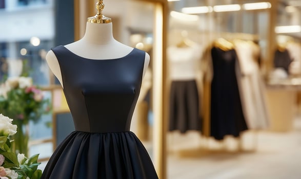 Elegant black dress displayed in a boutique setting. photo