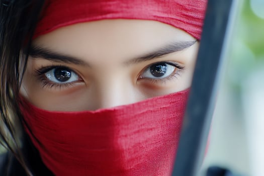 A woman with a red bandana on her face photo