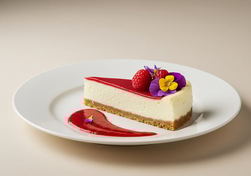 Elegant Raspberry Cheesecake with Floral Garnish photo