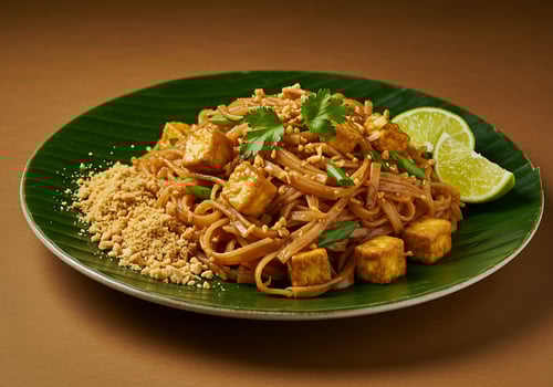 Savory Tofu Pad Thai with Lime Garnish. photo
