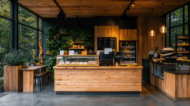 Rustic Wooden Cafe Interior Design with Greenery and Large Windows photo