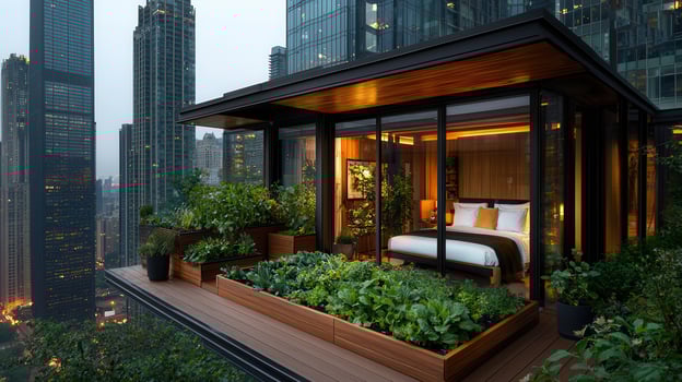 Rooftop Garden Oasis Modern Bedroom with City View and Urban Vegetable Garden photo