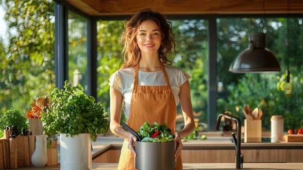 Happy Woman Chef Preparing Fresh Salad in Modern Kitchen Healthy Lifestyle Concept photo