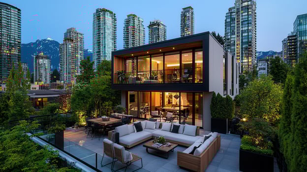 Modern City Penthouse Rooftop Terrace with Stunning Cityscape View at Dusk Luxury Apartment Outdoor Patio Design photo