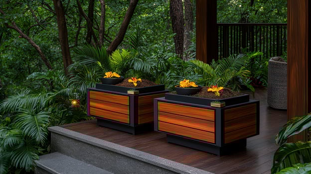 Elegant Wooden Planters with Yellow Flowers in a Lush Green Garden Setting photo