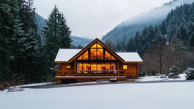 Cozy Wooden Cabin in Snowy Mountain Landscape Winter Vacation Home photo