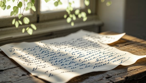 Handwritten letter resting on wooden table beside sunlight streaming through window plants photo